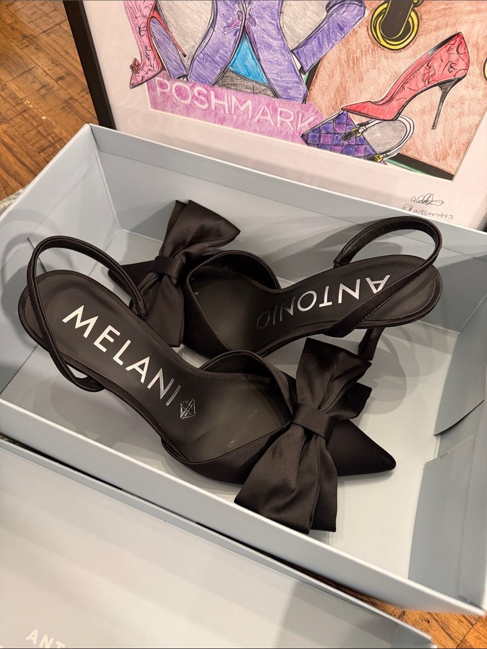 ANTONIO MELANI Black Satin Pointed-Toe Slingback Heels with Bow - Picture 11 of 15